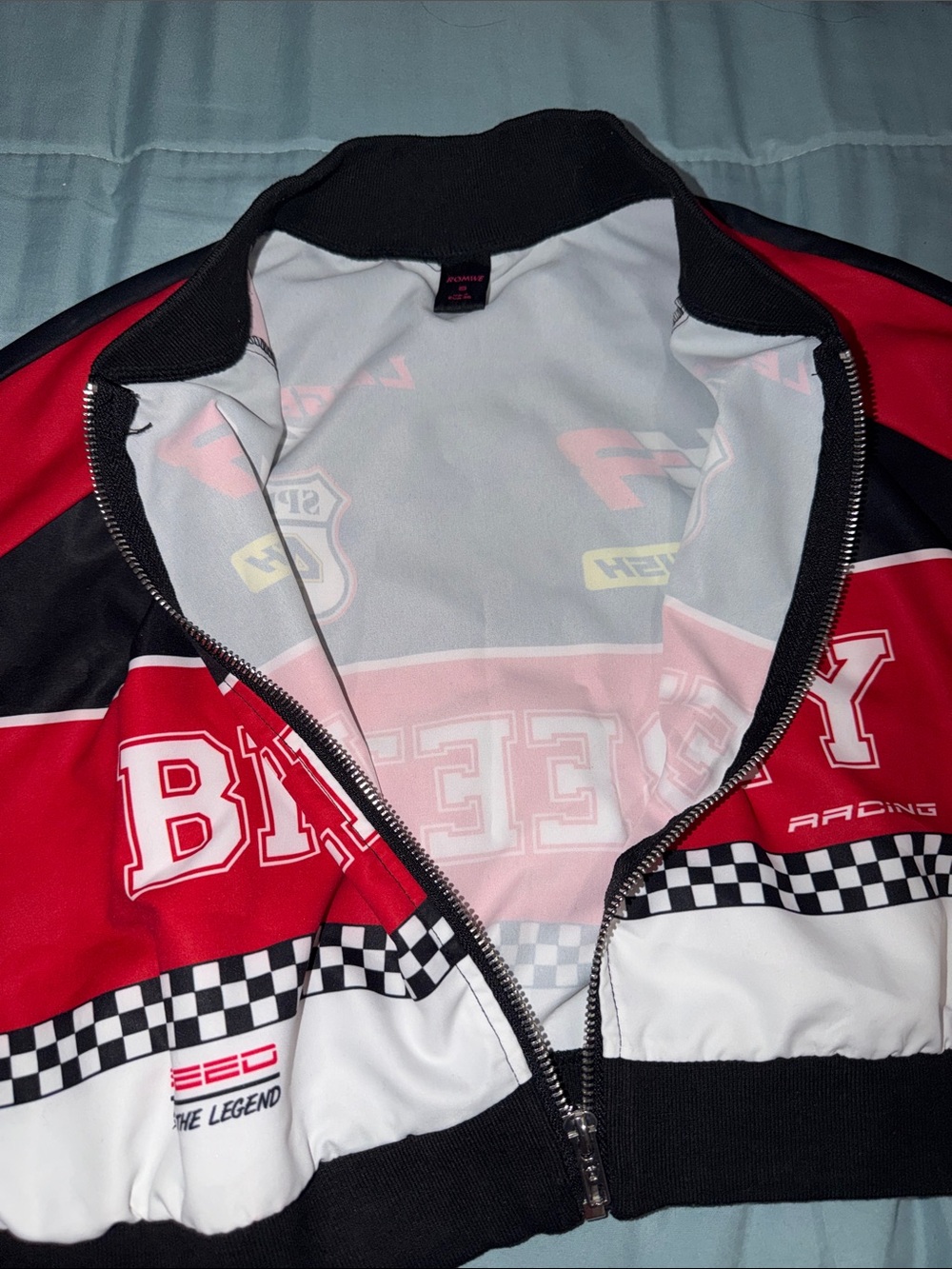 Cropped Racing Bomber Jacket - Red & Black - Picture 4 of 4